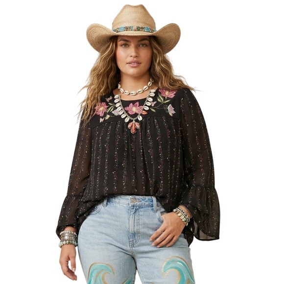 Style & Co. Tops - Black Sheer Mesh Floral Embroidered Boho Blouse Bell Sleeve Whimsigoth Top XL